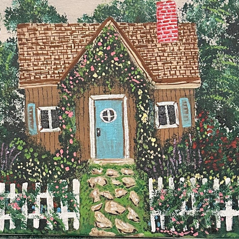 Charming Cottage Home Art Painting with Blue Door